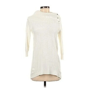 White House Black Market Women's XL White‎ Cable Knit Button Cowl Neck Sweater